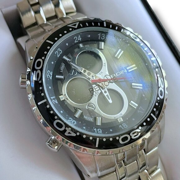 Elgin Mens Chronograph Watch Digital Analog Silver Tone Link Band Quartz Movemen - Picture 9 of 16